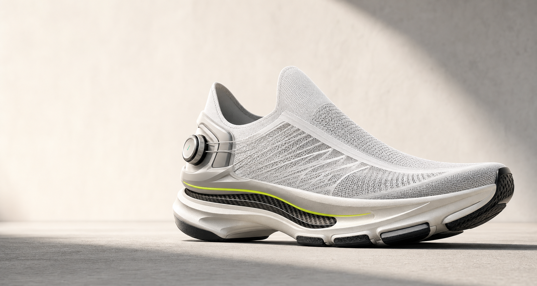 White AeroFlex adaptive running shoe with a precision fit dial